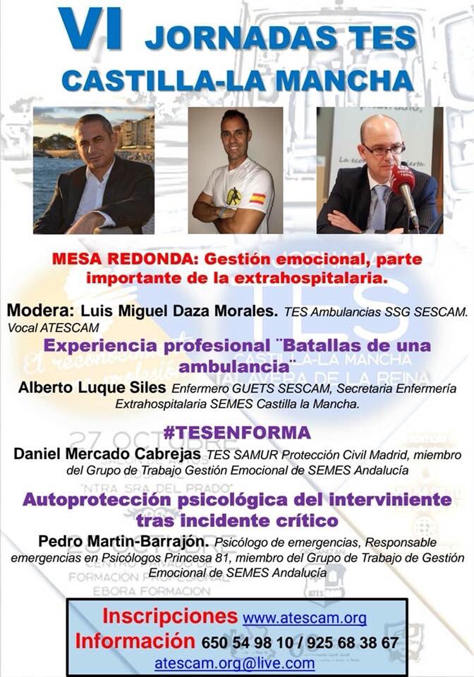AlbertoLuque5's tweet photo. 27 y 28 de octubre en Talavera de La Reina. 
Participaré como ponente junto a @psicourgencias y @danyputnam compartiendo experiencias y acompañando a nuestros #TES en las VI Jornadas TES organizadas por ATESCAM.

Aval #SEMES y 1,5 CFC 

#GestiónEmocional #ATESCAM https://t.co/Ilnvo4elAn