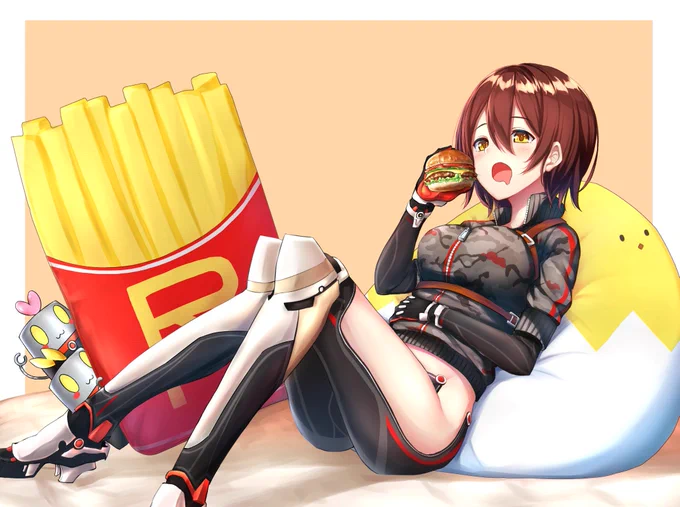 アイコンのハンバーガー食べてるロボ子さんが可愛かったので描きました!! #ロボ子Art 