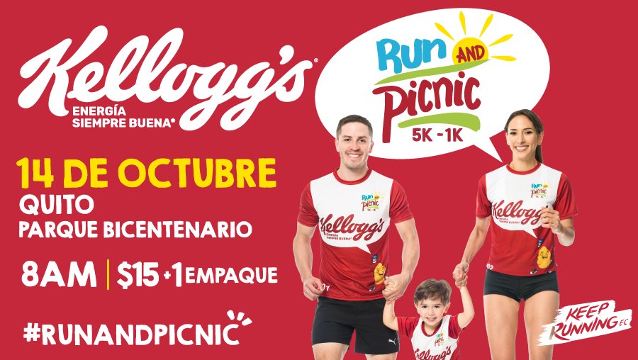 KeepRunningEC's tweet image. #Kelloggs #EnergíaSiempreBuena te invita a la 1era. Edición de #Kelloggs #RunAndPicnic. Una mañana deportiva para compartir y al llegar a la meta disfrutar de un delicioso desayuno picnic!. Inscripción: CC Caracol Local Silvio Guerra Sports. Próximamente depósito o transferencia.