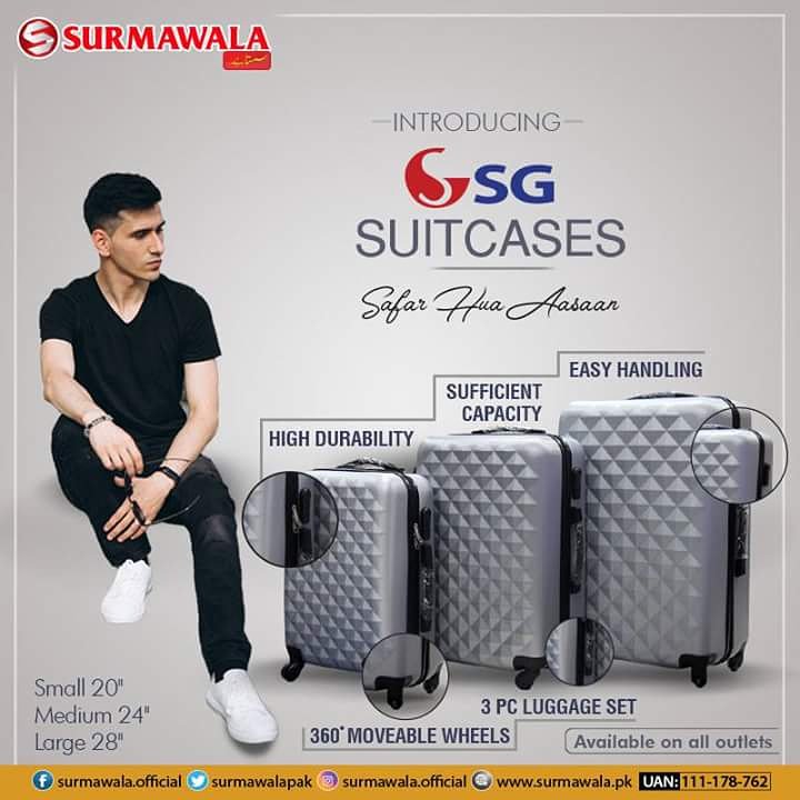SurmawalaPak's tweet photo. Are you ready for your next trip with thes supremely stylish and light weight SG suitcases?
Grab them up and make your journey hassle-free!
Shop Online: https://t.co/nMEoczlYYe
#UAN021111178762
#SGsuitcases
#AvailableOnAllOutlets
#DeliveryAllOverPakistan
#SurmawalaSastaHai https://t.co/25yOMZELR0