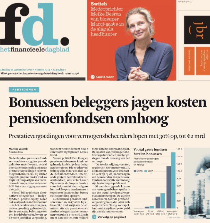 QDividendsNL's tweet photo. Nog een voorpagina artikel van het FD van afgelopen week: Bonussen beleggers jagen kosten pensioenfondsen omhoog. 
“Prestatievergoedingen voor vermogensbeheerders lopen met 30% op, tot € 2 mrd.” Dat gaat allemaal ten koste van jouw rendement en resulteert in een lager pensioen. https://t.co/LX6vh5MwMj