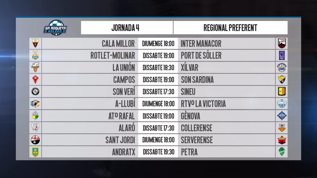 ⏰ Arranca el cap de setmana i és moment de #FutbolDeCaNostra. Aquests són els horaris de la jornada 4 a la #RegionalPreferent.