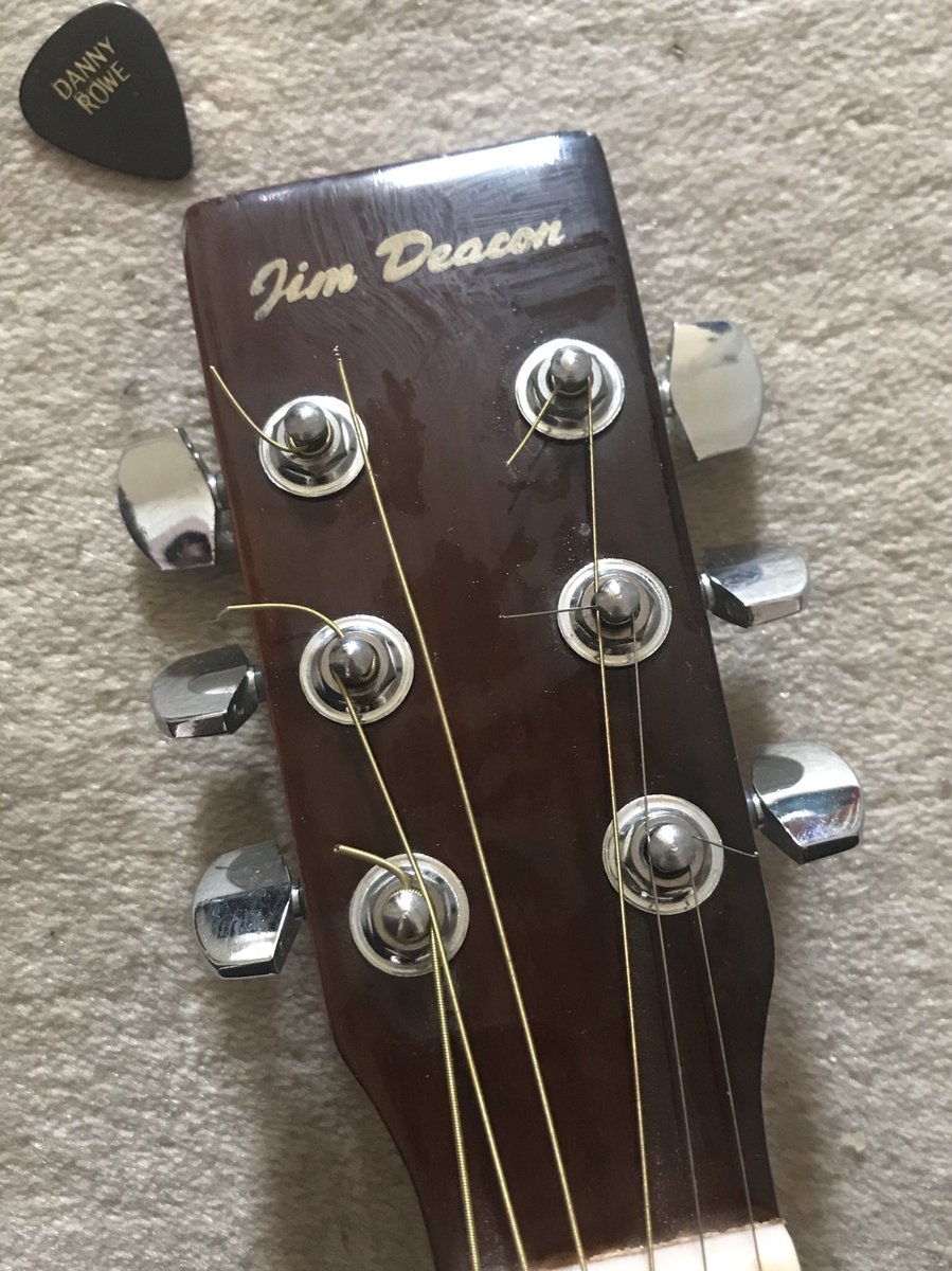 judemcdonald02's tweet photo. Where’s @dannyrowe68 when you need him?! 😂 
So you spend ages trying to restring the guitar 🎸 (thanks @YouTube), for your sons’ to start learning to play &amp; the youngest one, decides to “tune” guitar......ping.....”MUM!” 
Here we go again! Just realised name on guitar 😳#Deacon https://t.co/bO8ZuOLD4O