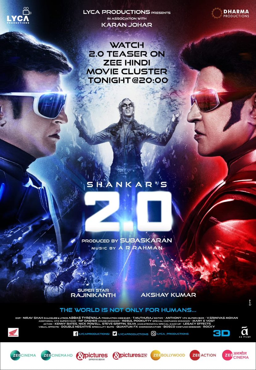 abhiif_'s tweet photo. The world is not just for humans anymore! Watch the much awaited teaser of 2.0 across Zee Hindi movie cluster channels, tonight at 8 PM!
#2Point0 #2Point0Teaserrecords
#2Point0Teaser
@akshaykumar @rajinikanth @shankarshanmugh https://t.co/0buoenBPhf