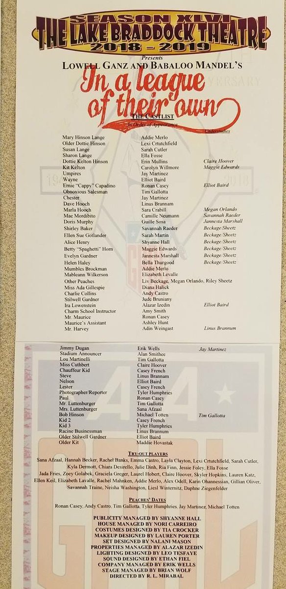 Congratulations to the cast and crew of “In A League Of Their Own”! First rehearsal is the read-through on Tuesday!