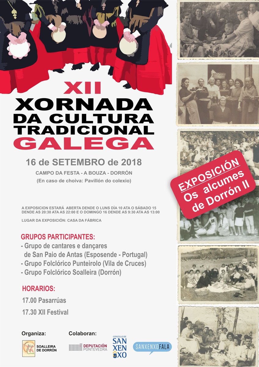 Mañá último día para ver a nosa exposición Os Alcumes de Dorrón II
E o pola tarde, o noso Festival Folclórico...NON VOLO PERDADES!!!
#sanxenxofala #soalleiradorron #folcloregalego #onosomola #pandereteirassoalleira