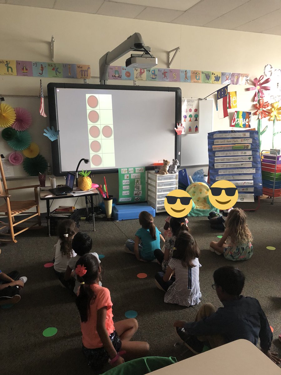 MrsDeMoreKinder's tweet image. “Use your brain, use your eyes...Think quick and subitize!” #CountingandCardinality #welovethissong #missingmylittlepineapples ❤️🍍