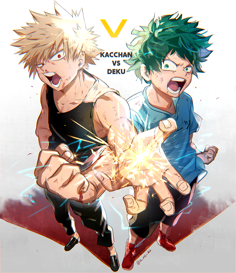 bakugou katsuki ,midoriya izuku multiple boys 2boys blonde hair male focus red eyes green hair spiked hair  illustration images