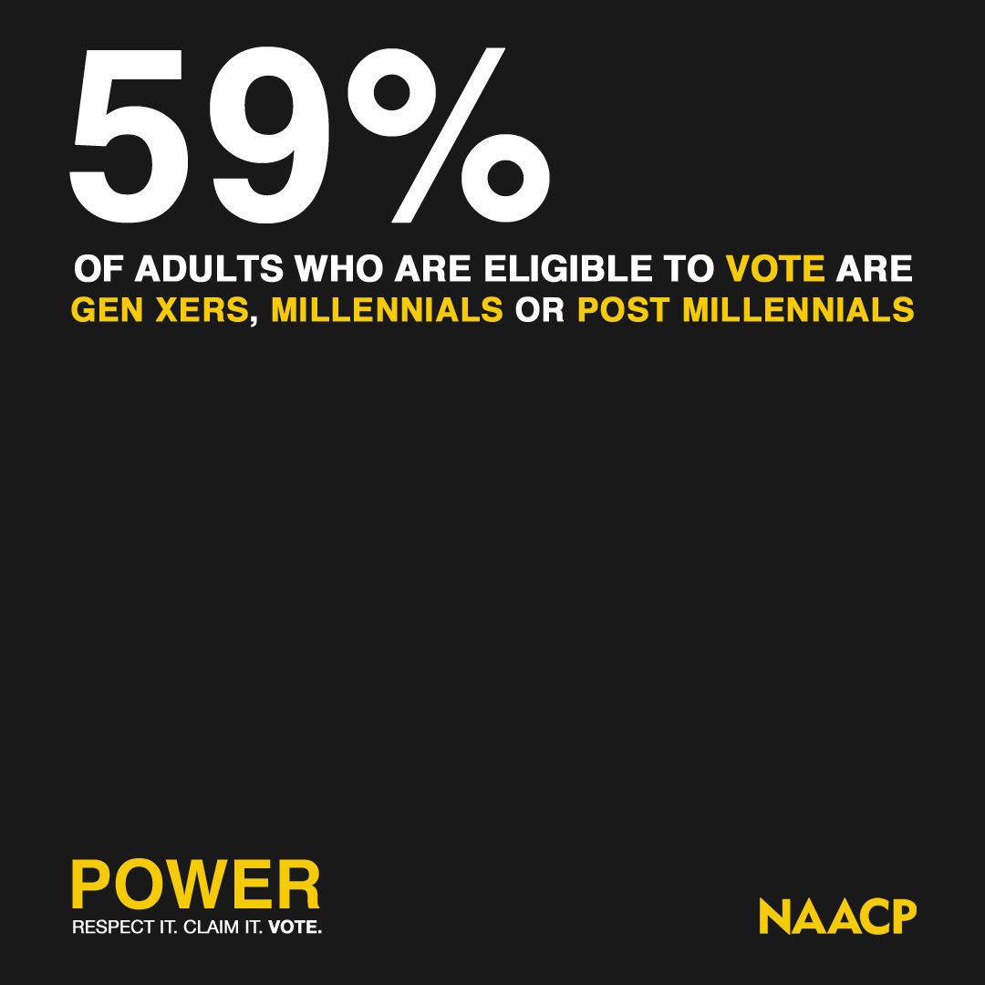 NAACP's tweet photo. It’s no longer up to our parents and grandparents — it’s our responsibility to use the power we have to affect change by voting. Vote on November 6th. 
#NAACP #POWEROF5 #TURNOUT18 https://t.co/bhwo5UuePm