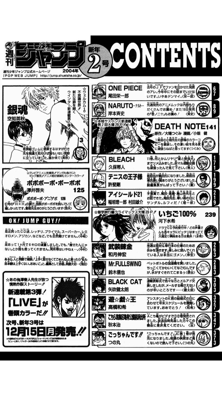 Uzivatel 中山拓輝 Na Twitteru ジャンプ で銀魂出た頃のジャンプ出てるけど素晴らしい ワンピース スカイピア編 ナルト サスケ奪還編 デスノート エル登場 Bleach ソウルソサエティ編 テニスの王子様 対立海大編 アイシールド 対nasa編 世代だー