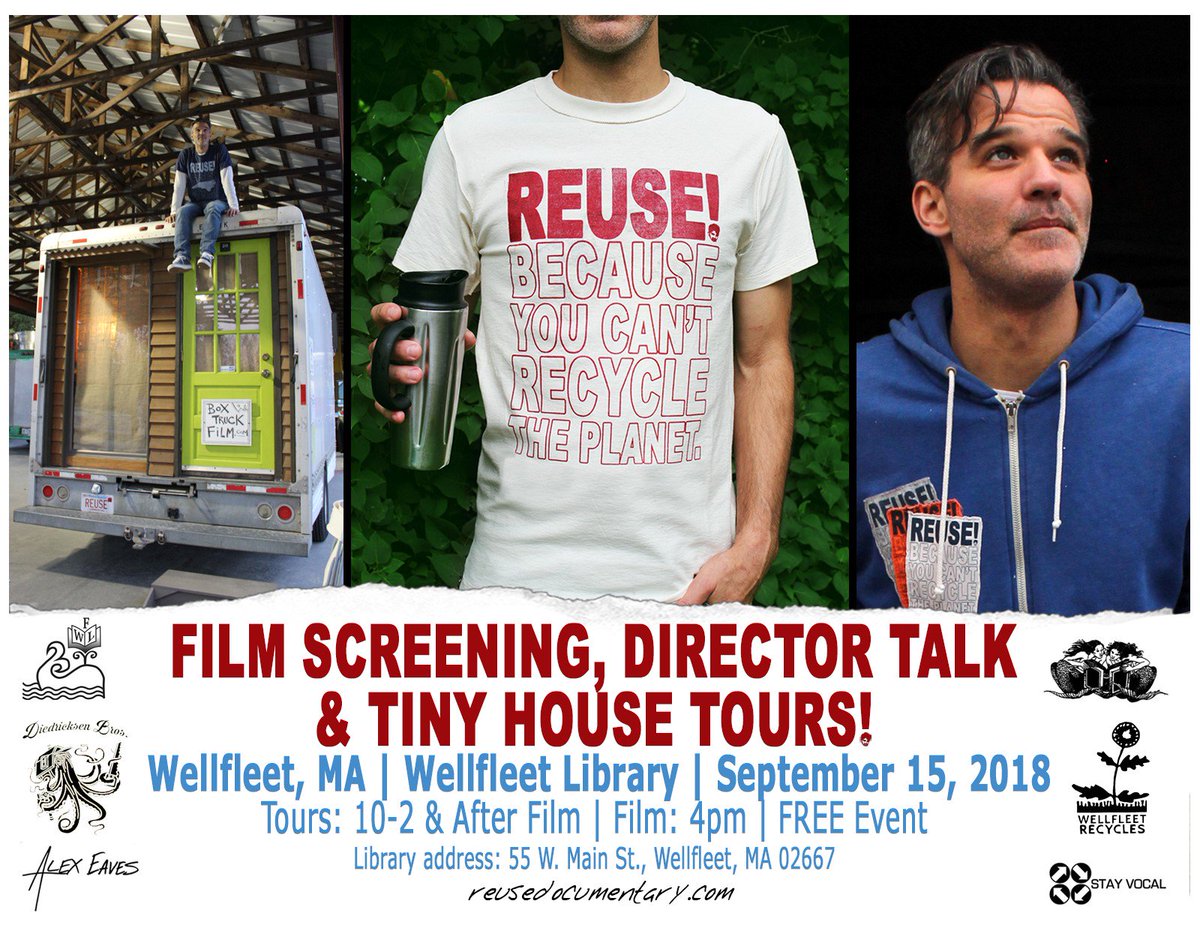 THIS AFTERNOON - Sat., 9/15 at 4:00 PM Documentary Screening of REUSE! Because You Can't Recycle The Planet - @reusebecause and Q&amp;A with filmmaker @alexeaves  AND going on RIGHT now, tours of Alex's Tiny Home and a collage workshop. All part of our #REUSE event. Come on by!