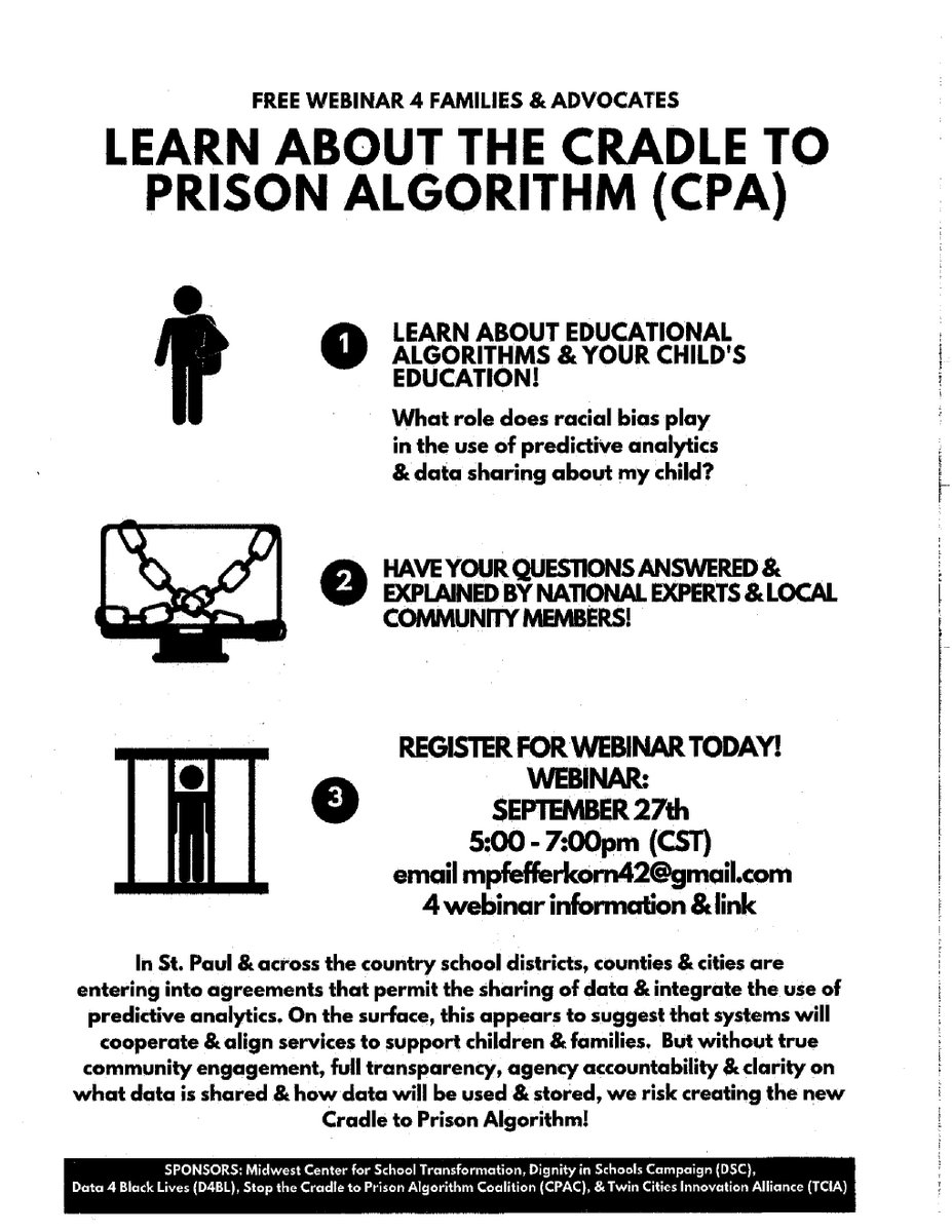 InequalityMn's tweet image. Interested in learning more about the #JointPowersAgreement and #CradletoPrisonAlgorithm? Register for the upcoming webinar on September 27th!