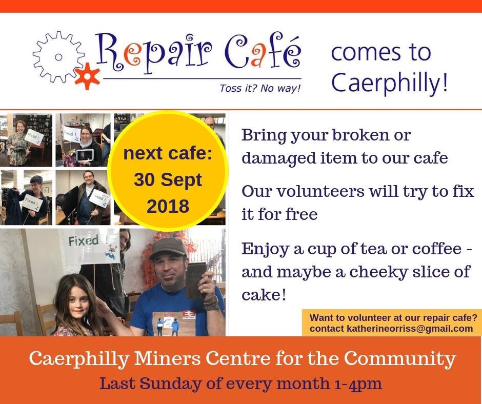 Repair Cafe Caerphilly (@repaircafecaer) on Twitter photo Caerphilly Repair Cafe is back! Join us on Sun 30 Sept in the Caerphilly Miners Centre 10am - 2pm. Bring anything broken & our volunteers will try to fix it for FREE. Are you handy? Come & volunteer yourself! Enjoy a cuppa & slice of cake <a href="/RepairCafeWales/">Repair Cafe Wales</a> tinyurl.com/y9ehcovx Caerphilly Repair Cafe is back! Join us on Sun 30 Sept in the Caerphilly Miners Centre 10am - 2pm. Bring anything broken & our volunteers will try to fix it for FREE. Are you handy? Come & volunteer yourself! Enjoy a cuppa & slice of cake <a href="/RepairCafeWales/">Repair Cafe Wales</a> tinyurl.com/y9ehcovx