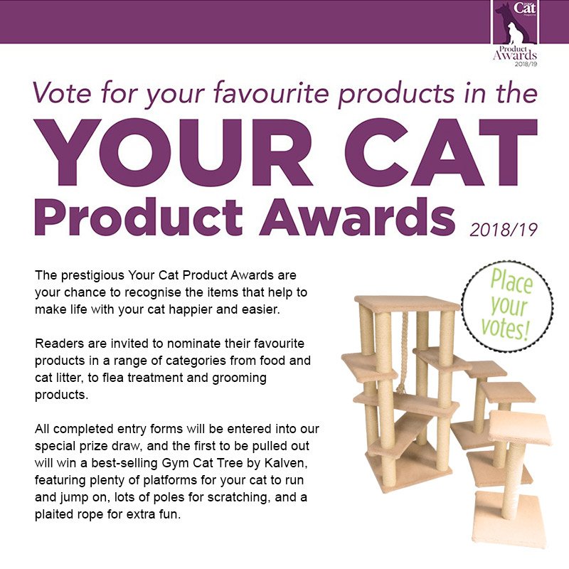 YourCatmagazine's tweet image. Have you voted in the Your Cat Product Awards 2018/19? Let us know about all the products you and your cat can't live without, and be in with a chance of winning a best-selling Gym Cat Tree by @KalvenDesign. VOTE HERE: yourcat.co.uk/productawards #productawards #votenow