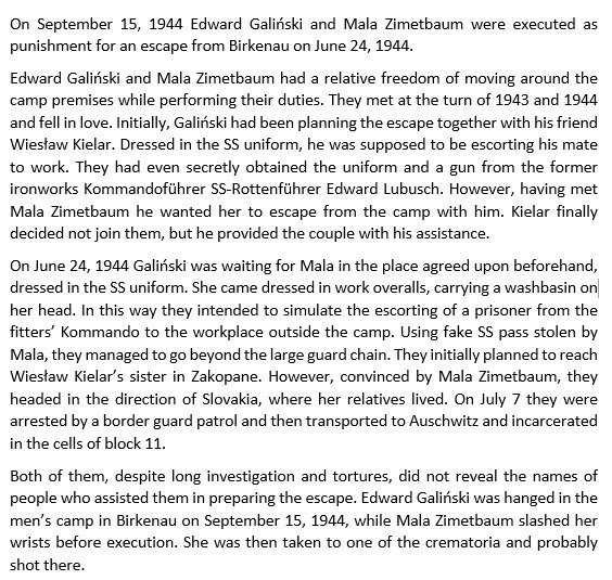 AuschwitzMuseum's tweet image. 15 September 1944 | A Pole Edward Galiński and a Jewish woman Mala Zimetbaum - two prisoners who fell in love &amp;amp; escaped the camp in June 1944 - - were hanged at #Auschwitz II-Birkenau.