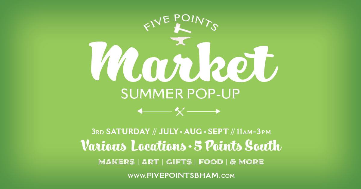 Today is the Five Points Market Pop Up! You will be able to find a variety of unique products from makers and artists. Merchants will be offering food specials and retail sales. The event is from 11 a.m. - 3 p.m. and it’s free to attend! fivepointsbham.com/events/1215/Fi…