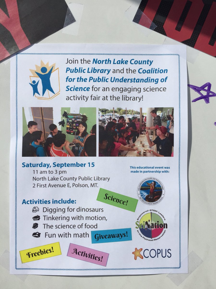 SciStorytellers's tweet photo. We’re honored to partner with SciNation on the Flathead Reservation and @COPUScore for the #Copus2018 Day of Service at the @LibraryinPolson.  Thanks, @WhisperCM for making this happen!  #inclusivescience #sciengage #STEM https://t.co/srj9A0D3Rb