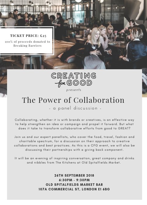 mulia's tweet image. Don't miss @CreatingforGood panel discussion on Sept 26th on The Power of Collaboration with amazing speakers: @TheLDNChatter @RosieFoodie @aladyinlondon and Matthew Powell -- CEO &amp;amp; Founder of @BB_UK1 charity to whom 100% proceeds are donated! creatingforgood.co.uk/sept-2018-panel
