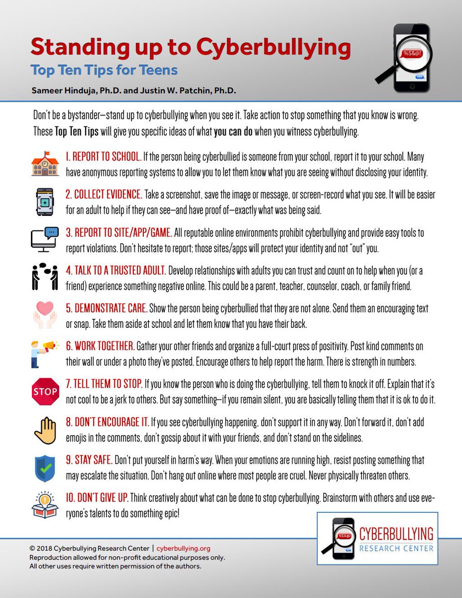 Here's a brand new resource as we approach National Bullying Prevention Month - "Standing up to Cyberbullying: Top Ten Tips for Teens." Many youth want to do something, but often feel paralyzed in the moment. This can help them have an action plan! cyberbullying.org/standing-up-to…