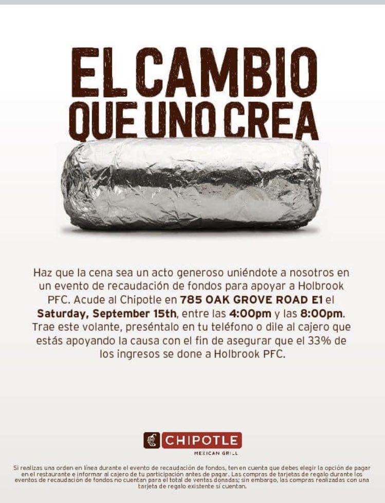 HolbrookMDUSD's tweet image. Dine to donate!!! Support our #HOLAPFC today at Chipotle Concord! #WeAreHolbrook