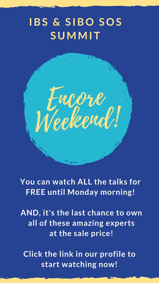 SIBOSOS's tweet image. Don't miss out on ENCORE WEEKEND! Last chance to access the #IBS &amp;amp; #SIBO SOS Summit for FREE! Encore Weekend will end Monday morning along with the special sales price to OWN all 44 expert talks. Click on the link to Watch NOW! ibsandsibosossummit.com/event
#SIBOSUMMIT  #SIBOSOS