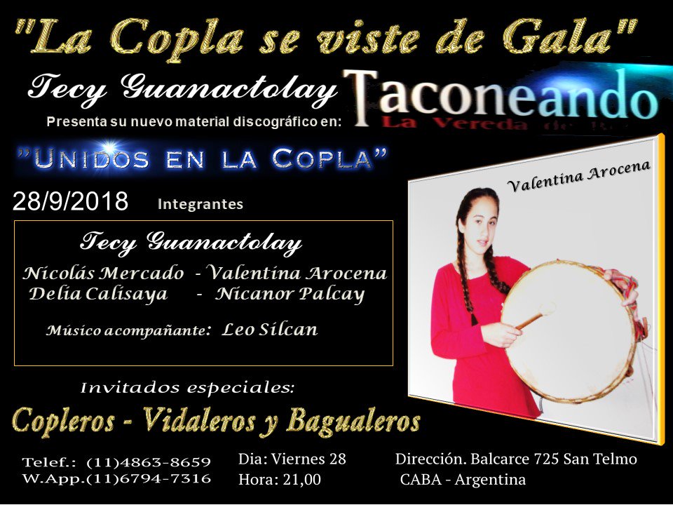 SofiaBusiness's tweet photo. La #colpla de viste de #gala en #Taconeando #TecyGuanactolay presenta su nuevo material discográfico #UnidosEnLaCopla #BuenosAires #Argentina https://t.co/WoW69flCBE