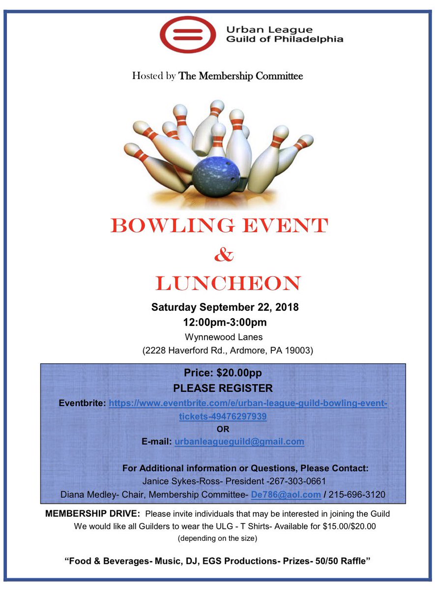 Interested in becoming a member of the Urban League Guild of Philadelphia? Saturday, Sept. 22 at 12-3 p.m., join the UL Guild at their luncheon and Bowling event for a day filled with fun, food and entertainment. RSVP now at urbanleagueguild@gmail.com . See you there!