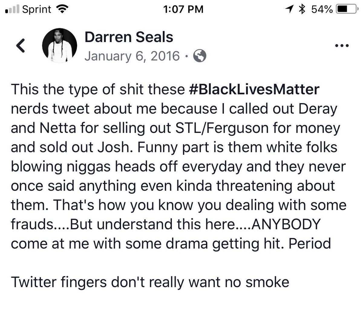 AnonLoveFTP's tweet photo. Here’s some more stuff I pulled from #DarrenSeal’s old posts concerning @Deray Netta and Alexis. And Brittany. Y’all remember THIS? #Ferguson #ACTORvists ( as D liked to call them) #WhoKilledDarrenSeals? https://t.co/p9z7B3Z31O