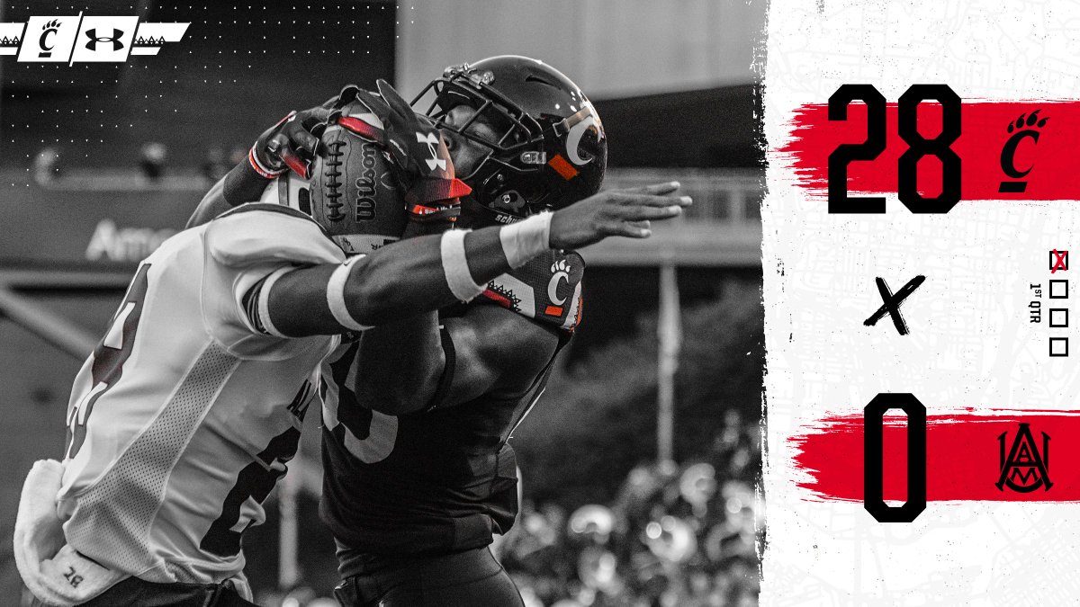 The #Bearcats jump out to a 28 point lead to start the game.

Bearcats: 28 | Alabama A&amp;M: 0
