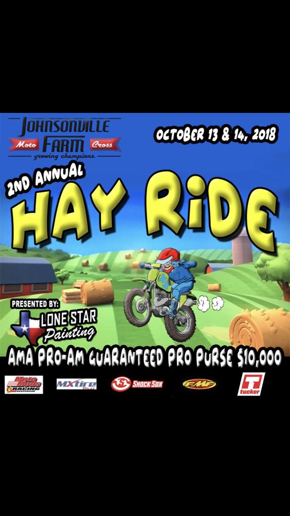 JMXF1's tweet photo. 4 Weeks Away! Practice Sat Oct 13th &amp; Race Sun Oct 14th! ~  Johnsonville Mx Farm's 2nd Annual AMA Pro-Am Hay Ride &amp; Amateur Classes!
$10,000 Guaranteed Pro Purse 
Presented by Lonestar Painting

#jmxfhayride17
#amaproam
#tenthousandguaranteedpropurse
#lonestarpainting https://t.co/P9q9i5MnYa