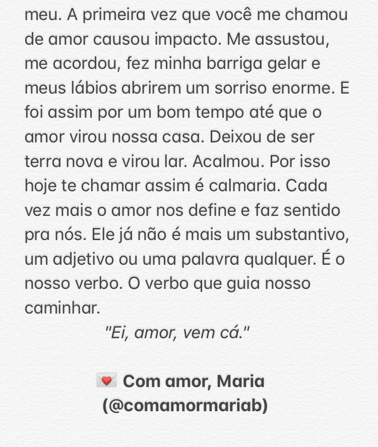 comamormariab's tweet photo. “Cada vez mais o amor nos define e faz sentido pra nós. Ele já não é mais um substantivo, um adjetivo ou uma palavra qualquer. É o nosso verbo. O verbo que guia nosso caminhar.” 💌Com amor, Maria https://t.co/4evztyBppU