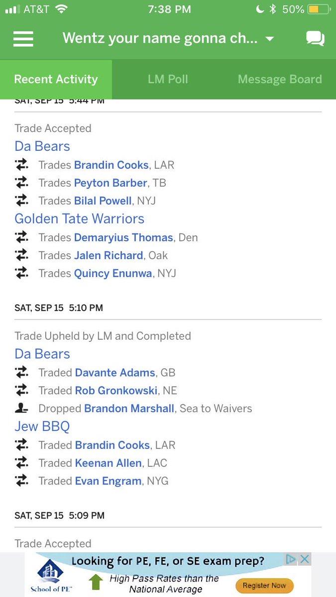 TavifaFFL's tweet photo. Big moves from the league manager (@JoFish35) today as he makes 4 trades. Is he panicking after a slow start? Does he know something we don’t? Or did he simply think his team got better after these moves? Waiting on @AdamShefterTFFL for updates. https://t.co/kmnpu73kO8