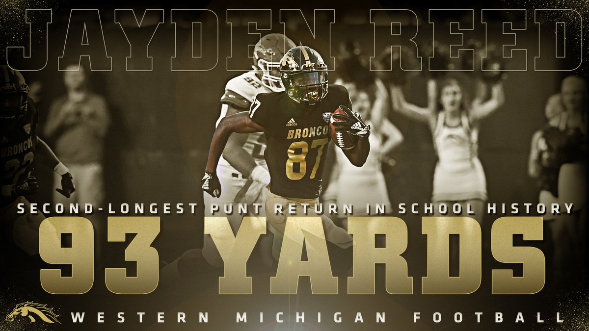 WMU_Football's tweet photo. Congrats to Jayden Reed on his 93-yard punt return for a TOUCHDOWN! 
It's the 2nd longest in school history and longest in @NCAAFootball this season. #LetsRide 

@ESPNCFB https://t.co/onyO59gV3U