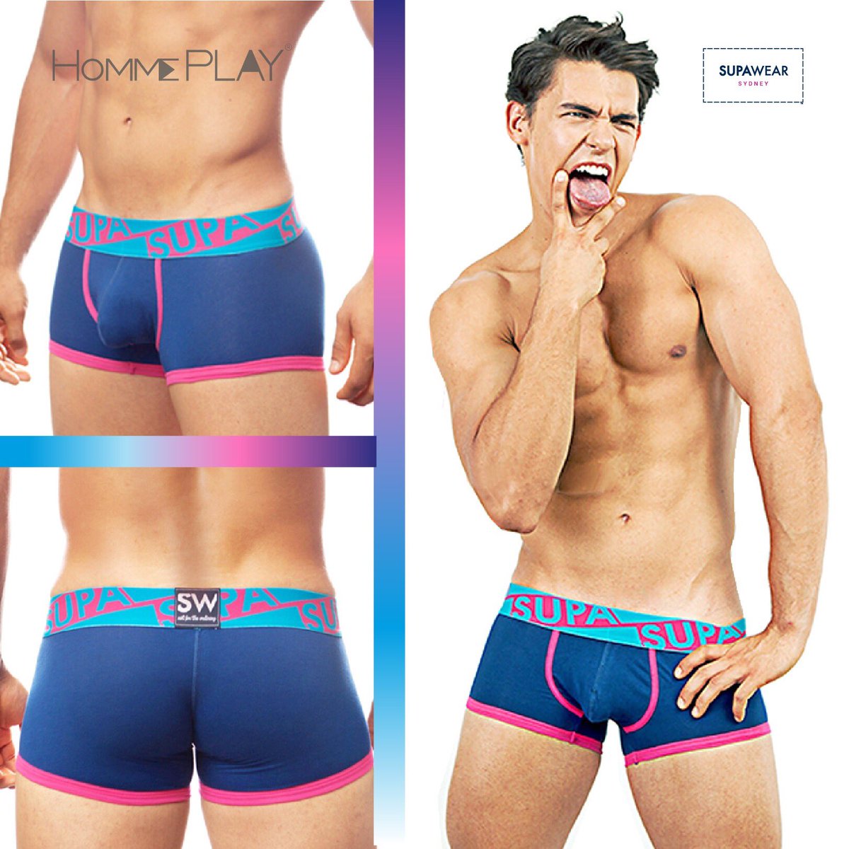 A SUPA underwear collection that screams SUPA FUN! Putting the fun in your underwear and allowing you to show your playful side. Be your own star with SUPA-SUPA Trunk - Navy! Available now at HommePlay.com at a price of 545 Baht.