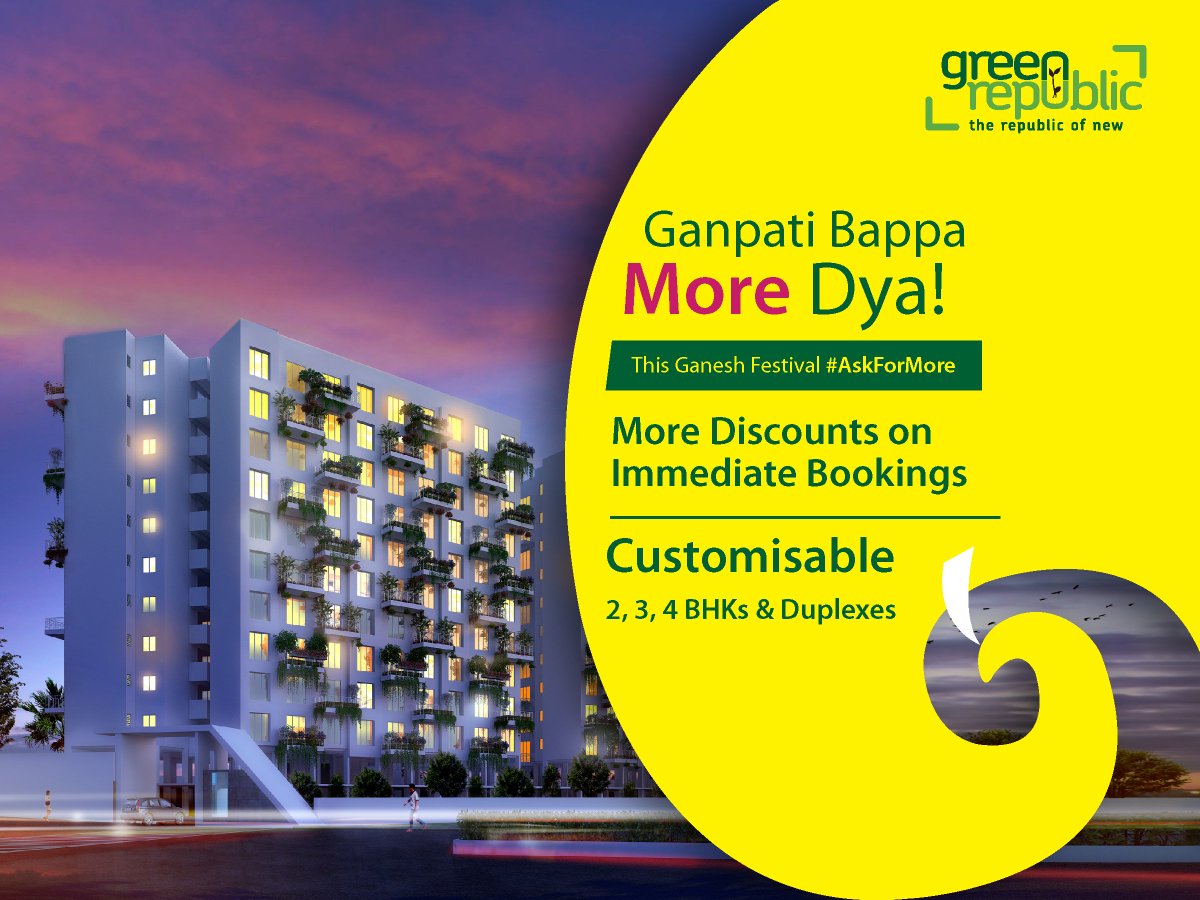 smm_green's tweet photo. #GanpatiBappaMOREDya! This Ganesh Festival,
#AskForMore - More Discounts on Immediate Bookings

Presenting Customisable 2,3,4 BHKs &amp; Duplexes at green republic
Call 9552666333 | https://t.co/QHDcjNz13l

RERA no.: P52100009638 | https://t.co/hT0vLNoAmm
#GreenRepublic #Pune https://t.co/oAKSgOPDwe