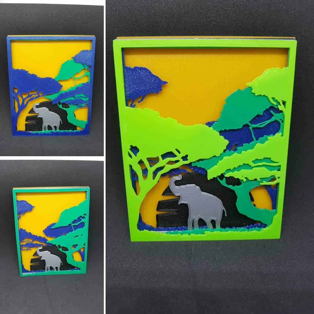 catf3D's tweet photo. Petit tableau sur le thème de la savane (il manque encore la girafe) 
Un tableau = mille possibilités 
On peut chaque jours le modifié à sa guise ....
Bientôt sur @Cults3D et @lecoindescrea et @DirectProducte1
#tableau #art #3Dprinting #savane #elephants #elephant #girafe #print https://t.co/uiHMX3zEiP