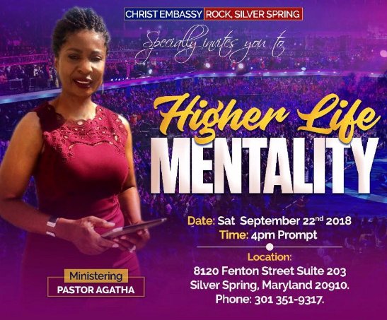 christemb_usa's tweet photo. On Saturday, September 23rd, Christ Embassy, Rock-SilverSpring hosts a ‘Higher Life Mentality’!
It will be a time of the revelations of the higher life in Christ with demonstrations of the word and power! See you there!
#USAREGION1 #USAVZ1 #ChristEmbassy #PastorChrisOyakhilome https://t.co/zlcWWsX7Po