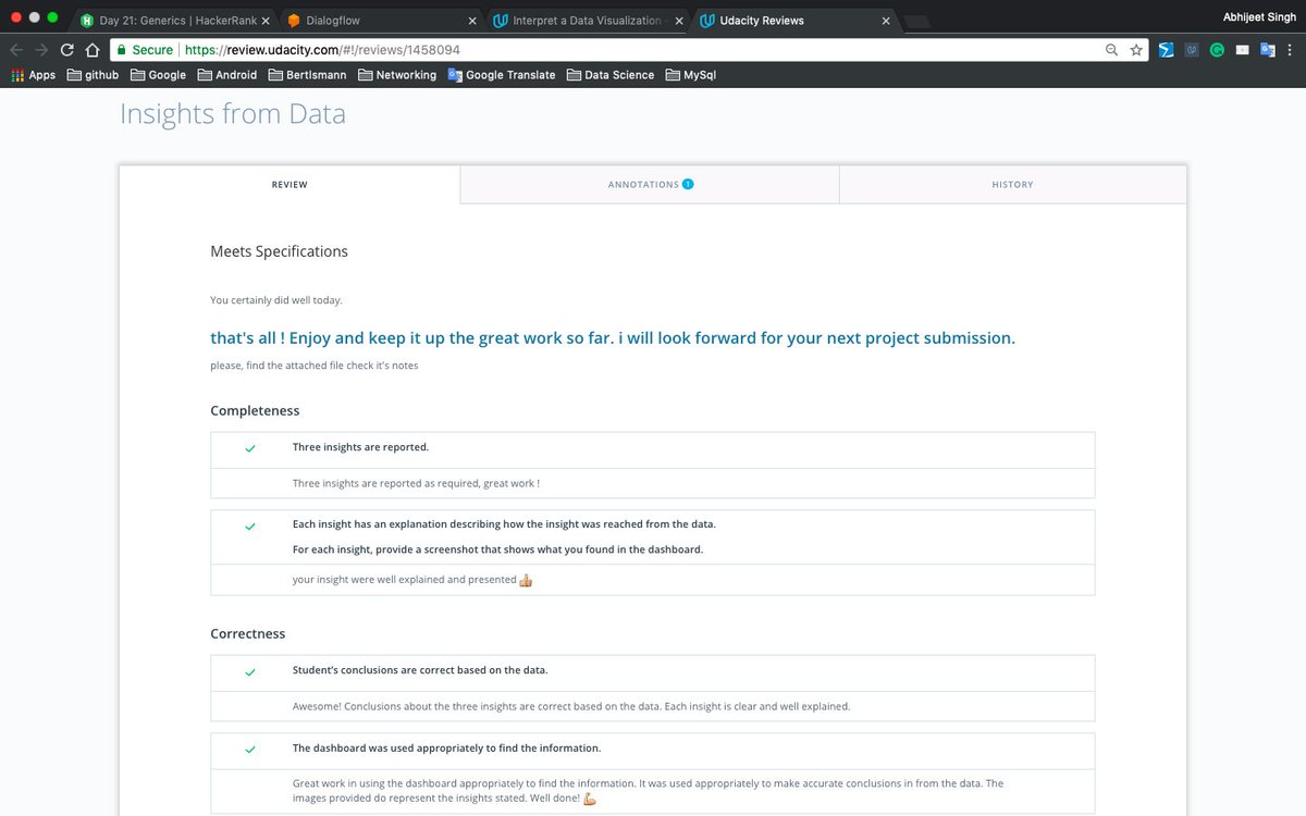 abhiunix's tweet image. Got reviewed by @udacity of #MyFirstProject.  Meets every specification.
Thanks, @udacity @UdacityINDIA @tableau @sirvizalot &amp;amp; @Bertelsmann_com @Bertelsmann_BU.
#PoweredByBertelsmann #UdacityDataScholar @_100DaysOfCode @_100DaysOfX #100DaysOfCode @_30days30sites #SundaMotivation.