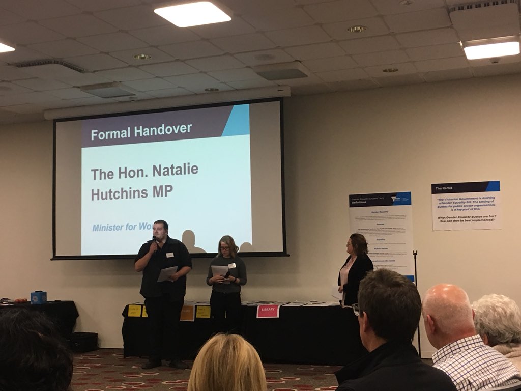It’s a wrap!! Handing over the final Citizen Jury Report on the Gender Equality Bill to the Minister for Women, Natalie Hutchins. What a weekend!  #VICforwomen