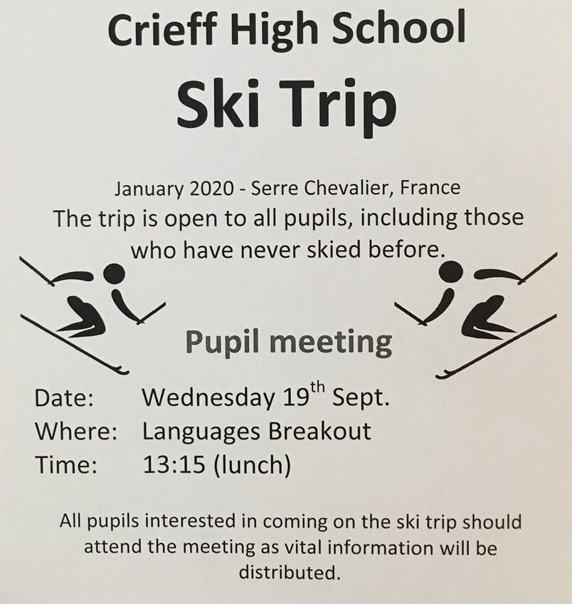 CrieffHighTrips's tweet photo. ‼️Change of meeting date ‼️Ski Trip 🎿⛷ January 2020 - Launch meeting 19th September. If you’re interested in finding out more information come along to the meeting @CrieffHigh @CrieffPe @CHSDigitalLearn @CrieffHEnglish @HighCrieff https://t.co/skScRsXk2i
