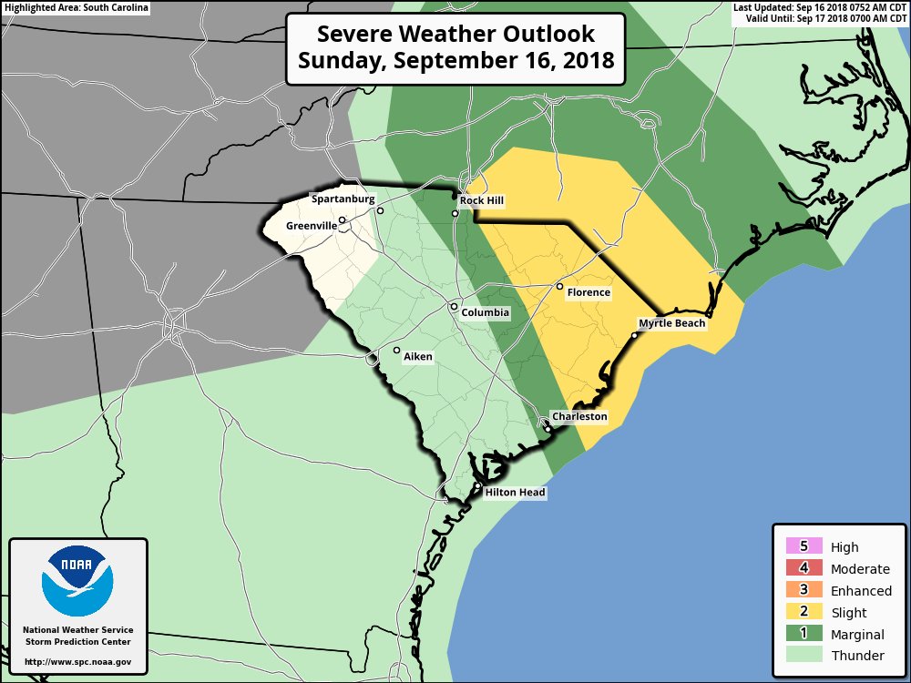 NWSCharlestonSC's tweet photo. Sunday: Storm Prediction Center highlights NE SC with a slight risk of severe thunderstorms, 5% probability of a tornado. Details: https://t.co/uG5CbPZoX7 #scwx #tornado https://t.co/nB3bGVbDob
