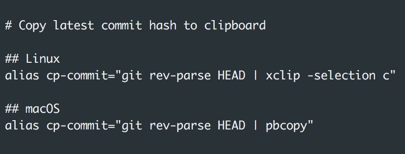Cool alias for quickly copying the latest git commit hash to the clipboard.
Super useful if you want to reference the commit in #GitLab discussions.  #dev #git #devtip #ohmyzsh