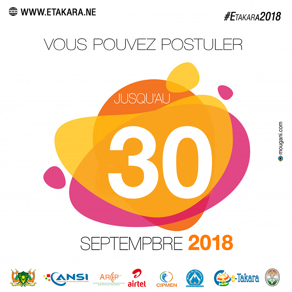 Les candidatures <a href="/eTakaraNiger/">eTakara Niger (Senior)</a> continuent jusqu'au 30 Septembre 2018. Envoyez-nous votre projet sur le etakara.ne.  
#Niger #Mali #Rwanda #Nigéria #Algérie #Sénégal. 
Cc <a href="/AnsiNiger/">ANSI-Niger</a> <a href="/MDE_Niger/">La Maison de l'Entreprise du Niger (MDE)</a> <a href="/Cipmen/">Incubateur CIPMEN</a> <a href="/GouvNiger/">Gouvernement du Niger 🇳🇪</a> <a href="/arcepniger/">@ArcepNiger</a>