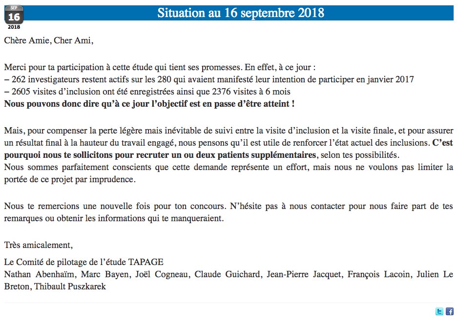 CngeIrmg's tweet photo. [Etude TAPAGE] Voici la situation au 16 septembre 2018 :
− 262 investigateurs restent actifs sur les 280 qui avaient manifesté leur intention de participer en janvier 2017
− 2605 visites d’inclusion ont été enregistrées ainsi que 2376 visites à 6 mois
https://t.co/MLPOGQlkRn https://t.co/Q2jlgNNorO