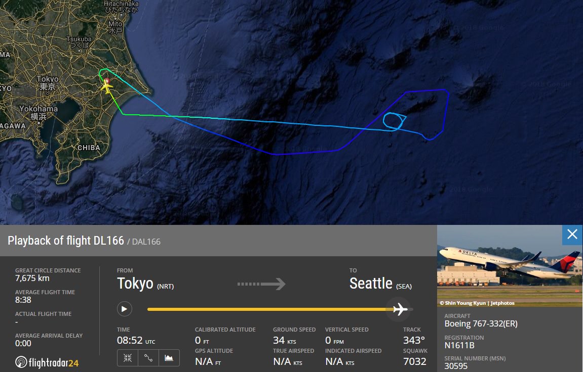 AirportWebcams's tweet photo. INCIDENT: Delta #DL166 Tokyo Narita to Seattle (Boeing 767-300ER N1611B) returned to NRT after 90 minutes yesterday (Saturday) with port engine shut down due to an overheat warning indication. Landed 0855UTC/1755JST. https://t.co/z6IDteoy1a