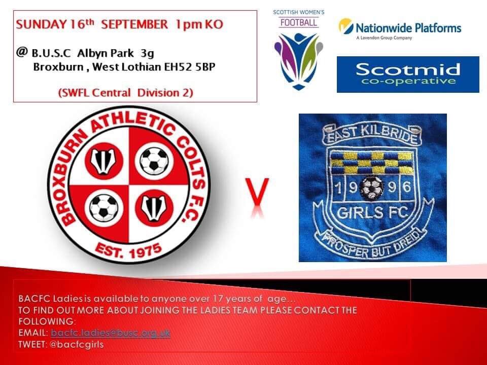 BacfcGirls's tweet image. Today’s Ladies fixture:

📅 Sunday 16th September
⚽️ @BacfcGirls v East Kilbride
🏆 League (#SWFL2 Central)
🏟 Albyn Park
⌚️ 1pm