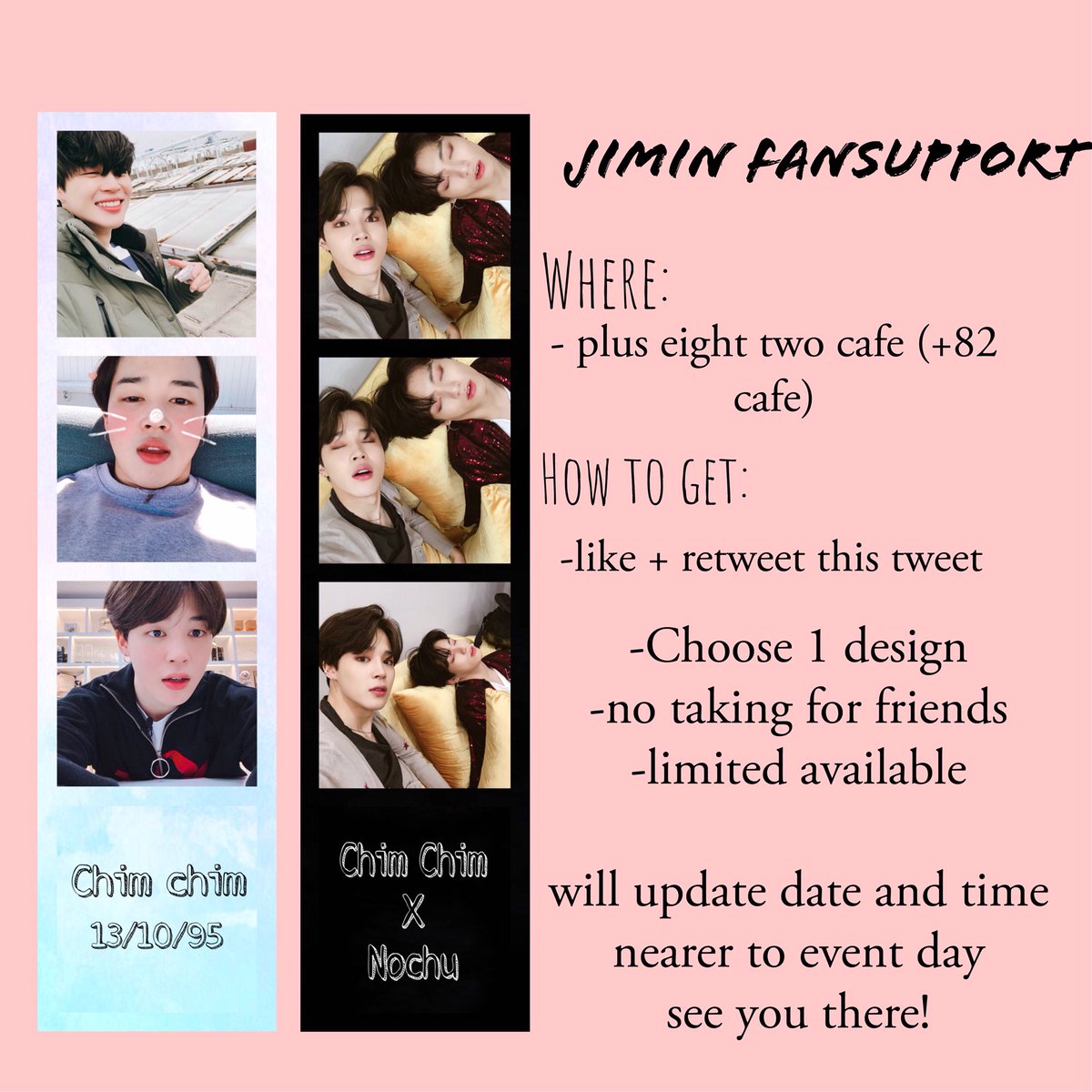 pajeonguk's tweet photo. [please help retweet🙏🏻]
Hi! Will be giving out photo strips at +82 cafe for Jimin’s bday event!
Date and time tbc 
❤️🧡💛💚💚💙💜💕💞💓💖💘
#JIMINCAFE #JIMINCAFESG @mochi1310cafe https://t.co/XCd1cQr9Ak
