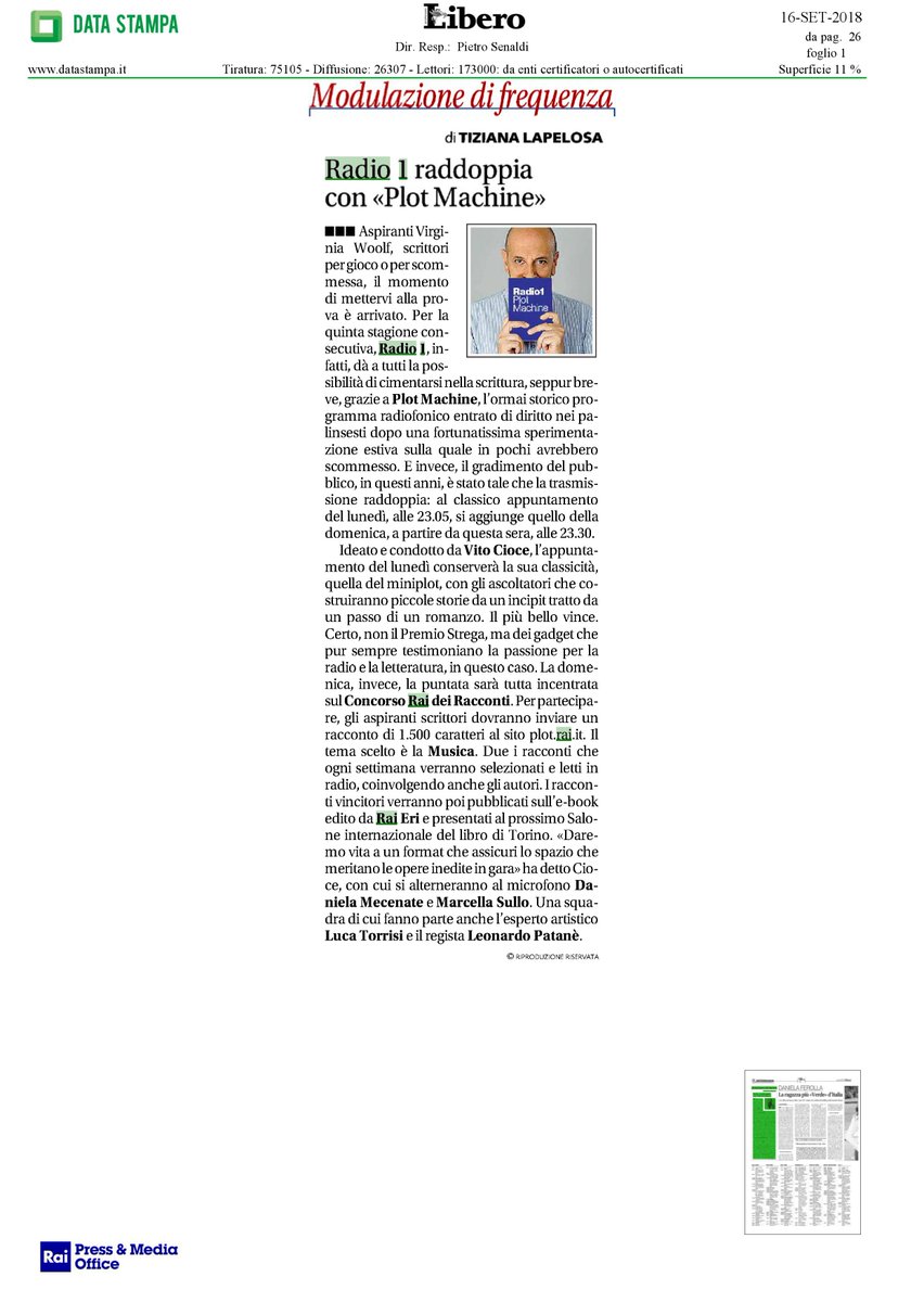 +++STASERA LA PRIMA PUNTATA TUTTA NUOVA SUI RACCONTI+++

23.30 <a href="/Radio1Rai/">Rai Radio1</a> con <a href="/vitociox/">Vito Cioce</a> <a href="/Pat14Rinaldi/">Patrizia Rinaldi</a> ( <a href="/Sinnos1/">Sinnos</a> <a href="/EdizioniEO/">Edizioni E/O</a> ) #MarcoButicchi ( <a href="/LibriLonganesi/">Longanesi & C.</a>)

<a href="/Libero_official/">Quotidiano Libero</a> <a href="/tizianalapelosa/">tiziana lapelosa</a> 

<a href="/paoloigna1/">paolo ignazio marong</a> <a href="/CasaScrittori/">Casa degli Scrittori</a> @ExconUncle <a href="/lucarallo/">Luca Rallo</a> <a href="/aldoceccarelli/">Aldo Ceccarelli</a> <a href="/VeroneseCris/">Cristina Veronese</a>