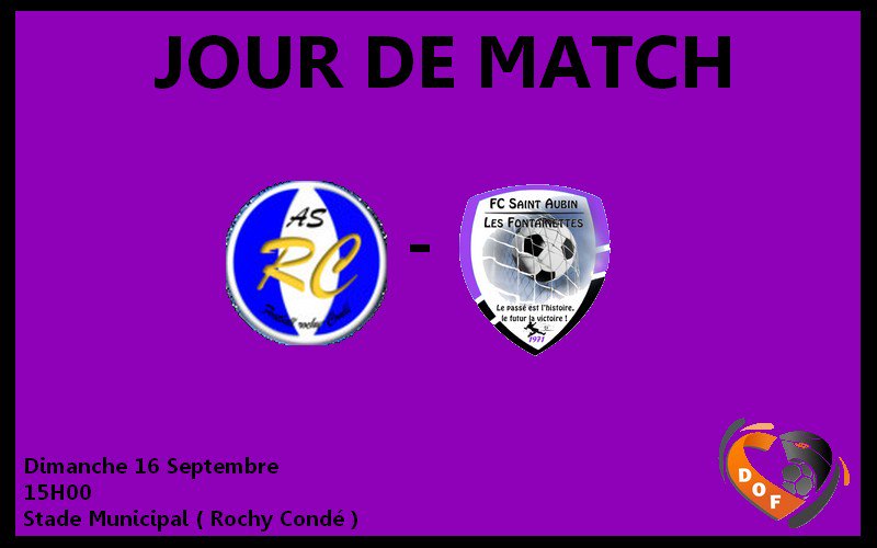 fcsaintaubin's tweet photo. ⚽️⚽️ Jour de Match ⚽️⚽️

Equipe 🅱️

🆚AS Rochy Condé 2
🏟️Stade Municipal
🏙️Rochy Condé
🏆Challenge Marcel Patoux
🗓️Premier Tour
🗓️ Dimanche 16 Septembre 2018
🕒 15H00 https://t.co/UwC8HeJLzA