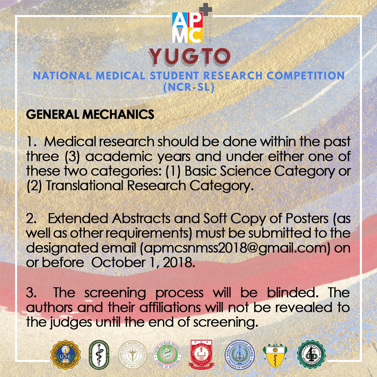 apmcsn's tweet photo. Be recognized. Submit your research abstract for the APMC-SN National Medical Student Research Competition (NCR-SL) now!
For the complete guidelines, please navigate to
https://t.co/rOl8FOXEqn
#NMSRC #MSS2018 #YUGTO #APMCSN360 https://t.co/1IzRbNta5r